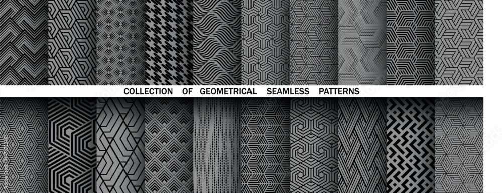 Poster Geometric set of seamless black and gray patterns. Simple vector graphics