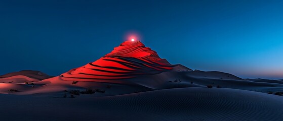 Red mountain at night on sandy desert landscape with light on top against blue sky