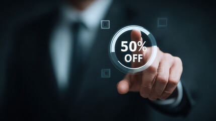 Businessman in suit pointing at digital discount sign displaying 50% OFF, symbolizing sales and promotions in modern, tech savvy environment