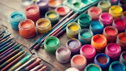 Colorful art supplies such as paints, brushes, and markers arranged neatly on a wooden table in a playful and vibrant composition with soft overhead lighting, ideal for creative expression, art projec