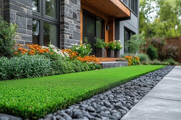 Obraz premium Lush garden landscape with vibrant flowers and well-maintained lawn in a modern home setting
