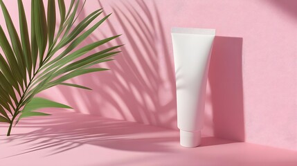 White Cosmetic Tube on Pink Surface with Palm Leaf Shadow