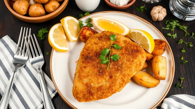 Delicious golden fried chicken with roasted potatoes and lemon slices on a white plate - Powered by Adobe