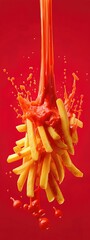 crispy tasty potato fries chips with ketchup red sauce sauce  . aspect ratio 3:8