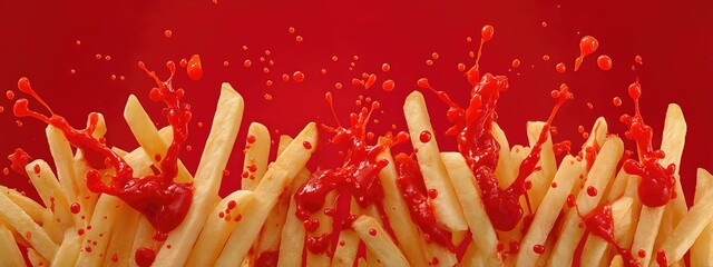 crispy tasty potato fries chips with ketchup red sauce sauce  . aspect ratio 8:3