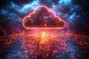 Digital cloud formation over a cityscape with glowing data streams and vibrant colors