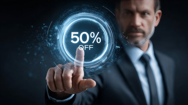 Businessman in suit interacting with digital display showing 50% off promotion, conveying sense of urgency and excitement in modern, tech savvy environment