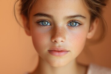 Close-up portrait of young girl with blue eyes and freckles
