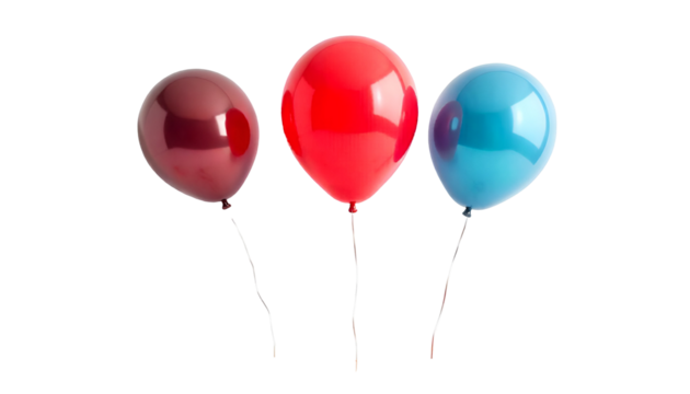 Three colorful balloons with attached strips floating in the air, isolated on a transparent background—perfect for festive, party, or celebration-themed designs.