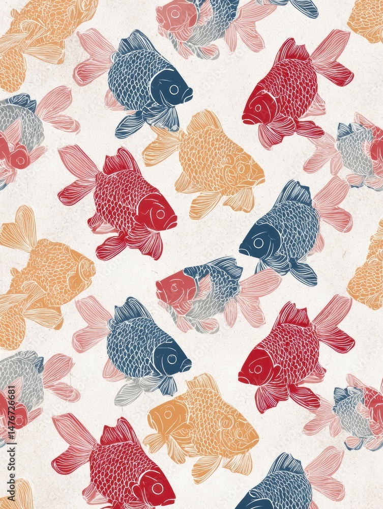 Leinwandbilder japanese-style fish print pattern featuring colorful koi on light background with a clean central zo