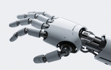 A single robotic hand designed with precision by AI technology, displayed against a clean white background. The design is sleek and futuristic