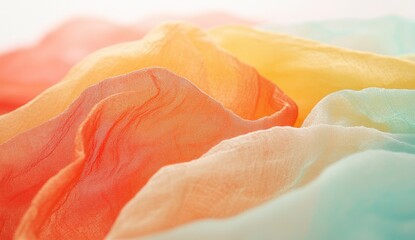 Soft, flowing fabric in a spectrum of pastel colors, from peach to light teal, creating a vibrant, textured look.  Fabric layers and folds in various shades of rainbow