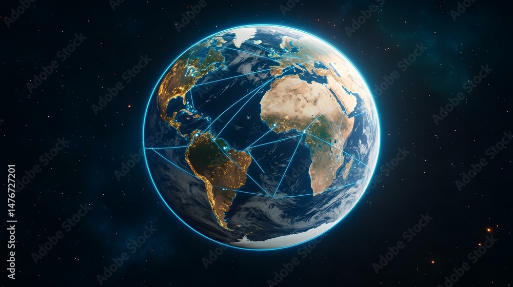 Aufkleber the image shows a digitally enhanced view of earth from space, illuminated at night, with glowing li