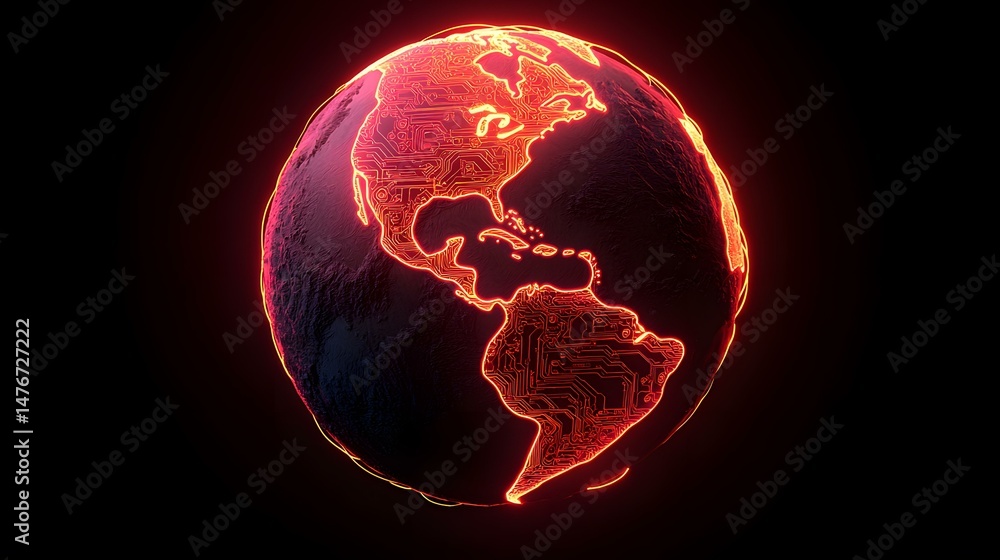 Poster the image shows a three-dimensional model of planet earth, rendered in dark tones with a glowing, or