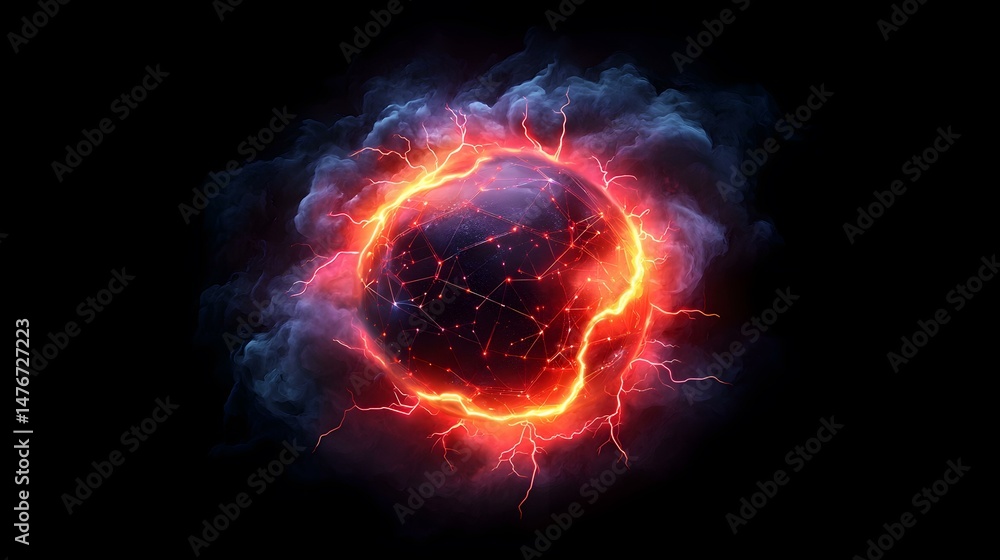 Poster the image shows a dark, glowing sphere with a network of lines on its surface, surrounded by swirlin