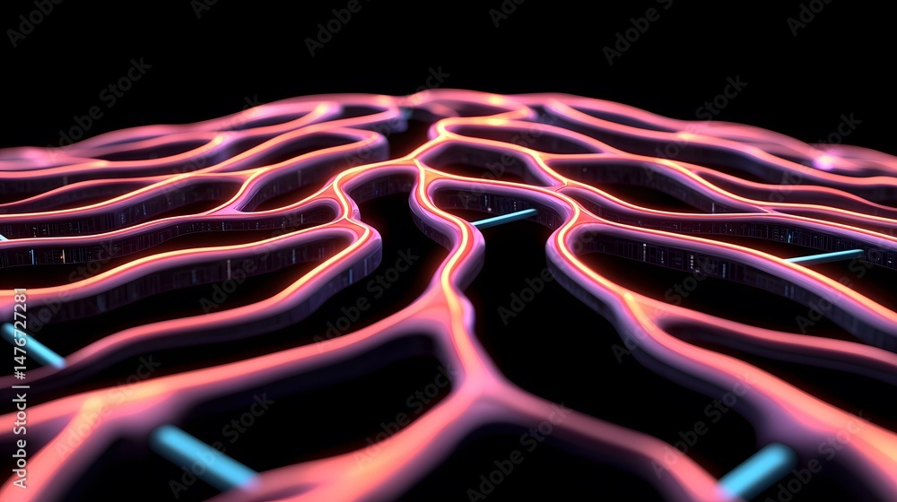 Aufkleber the image shows a 3d rendering of a network of glowing, interconnected tubes, resembling a complex c