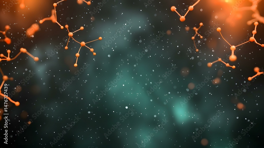 Poster the image shows orange molecular structures scattered across a dark teal background speckled with wh