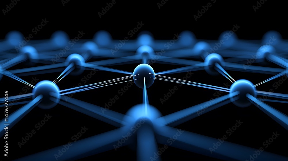 Poster the image shows a complex network of interconnected glowing blue spheres and beams against a black b