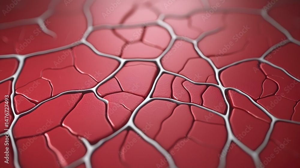Poster the image shows a close-up of a textured surface resembling cracked red paint with silver or light g