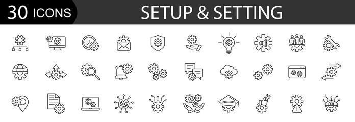 Setup and setting thin line icons. For website marketing design. Editable stroke. illustration.