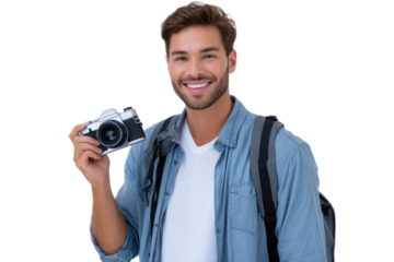 Portrait of a Enthusiastic Traveler with Camera: A smiling, young man exudes enthusiasm, holding a vintage camera and carrying a backpack, ready to embark on a journey of discovery.