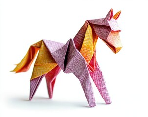 Colorful origami horse, intricate folds.  Folded paper, vibrant hues,  pink, orange,  detailed design,  playful stance