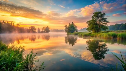 Obraz premium Soft focus misty dawn luxury concept background with a serene lake and lush greenery in the distance