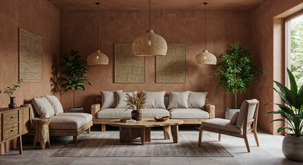 Fototapeta premium Modern Living Room Interior with Natural Minimalist Design and Wooden Furniture