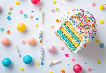 Colorful birthday cake slice with sprinkles, candies, and candles on a white background. Layers of cake, white frosting, and colorful sprinkles