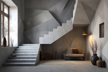 Obraz premium Contemporary Grey Geometric Stairs Set Against a Wall Crack. Generative Ai
