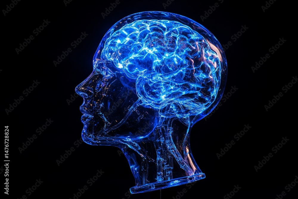 Poster detailed profile view of a transparent head with highlighted brain activity.