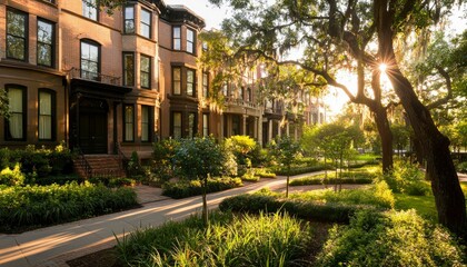 Obraz premium Sunny Row Houses in Garden Setting