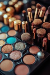 Assorted makeup palette and brushes with gold lipstick tubes on vanity