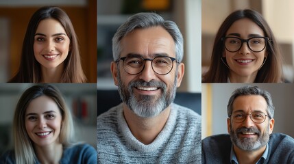 Collage of smiling people in an online video call from home