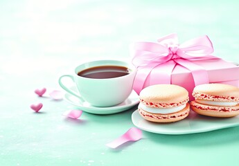 Delicate pastel-toned treats and a gift. A cup of coffee, macarons, a gift box, and scattered pink accents