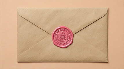 Vintage brown paper envelope sealed with red wax stamp on beige background in classic elegant style