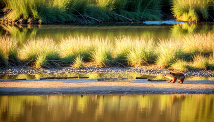 Mongoose walking on sandy bank by a calm waterbody