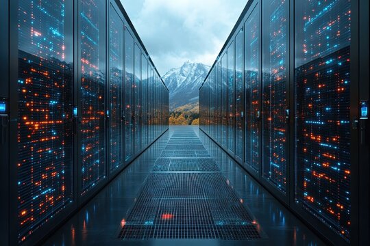 High-tech data center corridor showcasing advanced server racks against a stunning mountain backdrop in autumn - Powered by Adobe