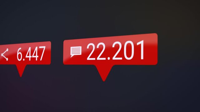 Video animation of Like, Share and Comments button in red with increasing count of numbers on dark background - social media reaction buttons.