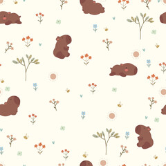 Hand drawn capybaras, bees, different flowers, hearts and sun. Seamles pattern with cute animals.  