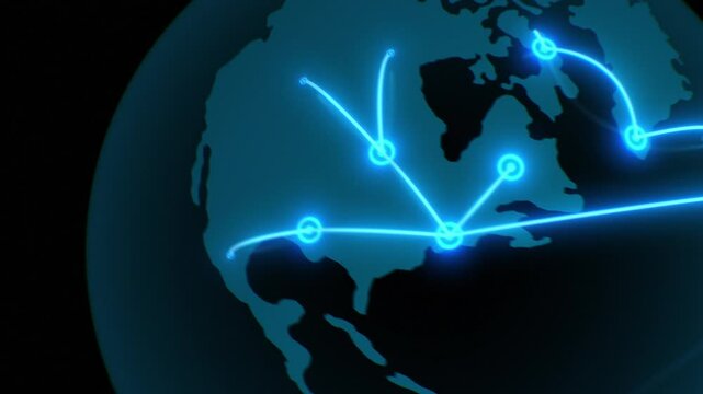Flying Along Growing Network Lines Around the World. Connecting the Dots Illustration. Global International Connections, Communications, Cooperations. Globalization Business Technology Concept 4k.