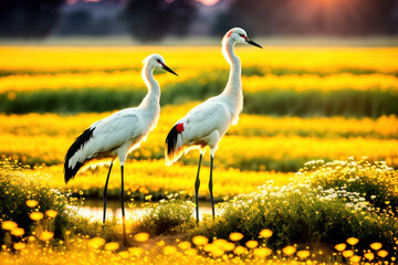Fototapeta premium Cranes standing in yellow flower field