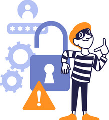 Cartoon Hacker with Open Padlock and Warning Icon – Cybersecurity Breach Concept