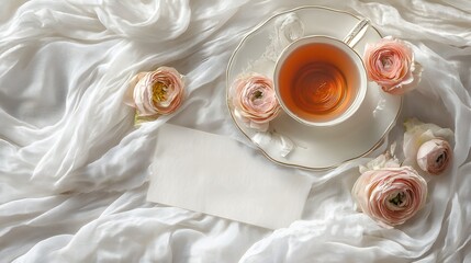 Elegant Teacup Roses Soft Fabric White Background Mockup Design pink card calm blank style image