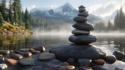 Stacked Rocks by Misty Lake Shoreline with Snowcapped Mountain Backdrop in Oregon Landscape Scene Reflecting Tranquility
