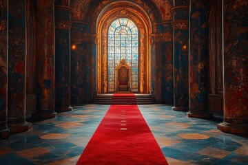 Fototapeta premium Majestic throne room with ornate stained glass window and red carpet in historical palace setting