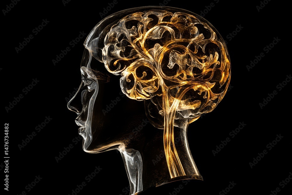 Poster intricate graphic of a head and brain with glowing patterns.
