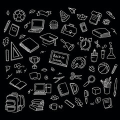 Back to school and education doodle elements. Vector illustration in line with black background