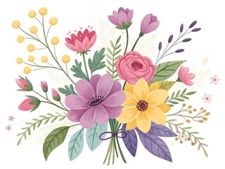 Watercolor Spring Bouquet Featuring Pink, Purple, and Yellow Flowers on White Background