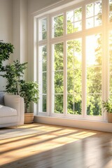 Fototapeta premium Bright sunny interior featuring large windows plants and hardwood floor in a modern living space with natural light streaming in